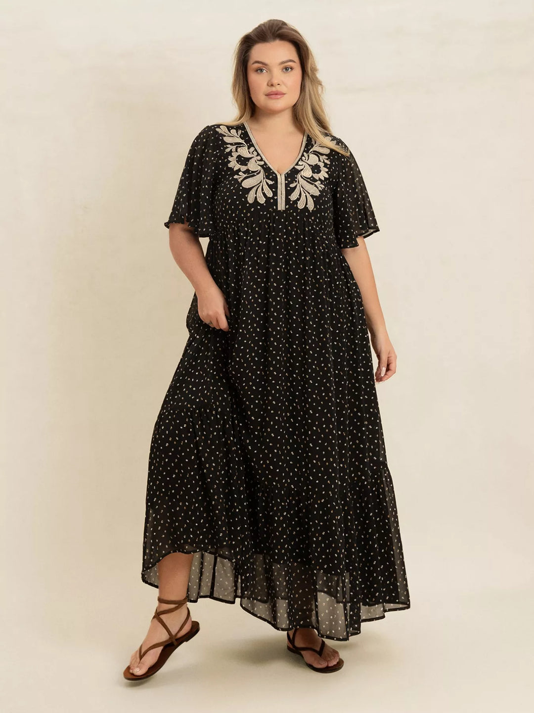 bhldn asha flutter sleeve v neck chiffon maxi dress Plus Size Printed V-Neck Flutter Sleeve Maxi Dress – SHEFASHION